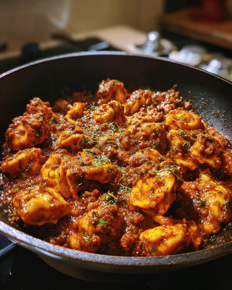 Nahaufnahme einer Cremige Tortellini-Pfanne mit würzigem Hack in einer schwarzen Pfanne, garniert mit Kräutern.