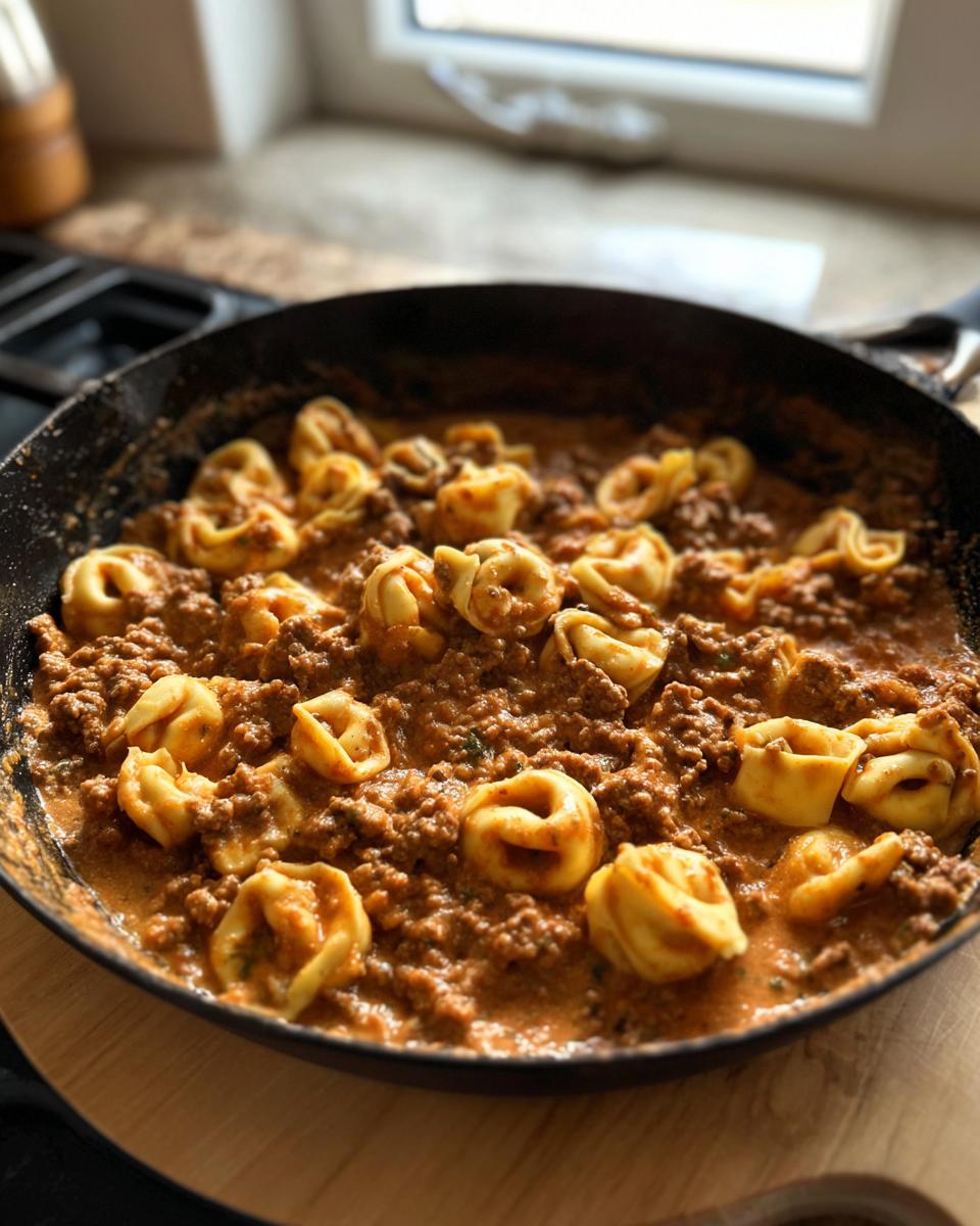 Nahaufnahme einer Cremige Tortellini-Pfanne mit würzigem Hack in einer schwarzen Pfanne.