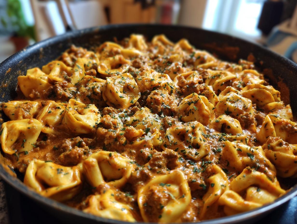 Close-up of Cremige Tortellini-Pfanne mit würzigem Hack in a pan, garnished with parsley.