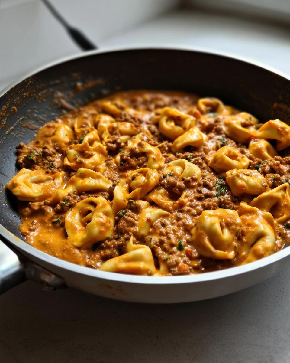 Nahaufnahme einer Cremige Tortellini-Pfanne mit würzigem Hack in einer Pfanne, fertig zum Servieren.