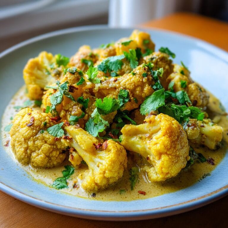Close-up of Cremiger Blumenkohl-Curry aus dem Backofen, garnished with fresh cilantro and red pepper flakes.