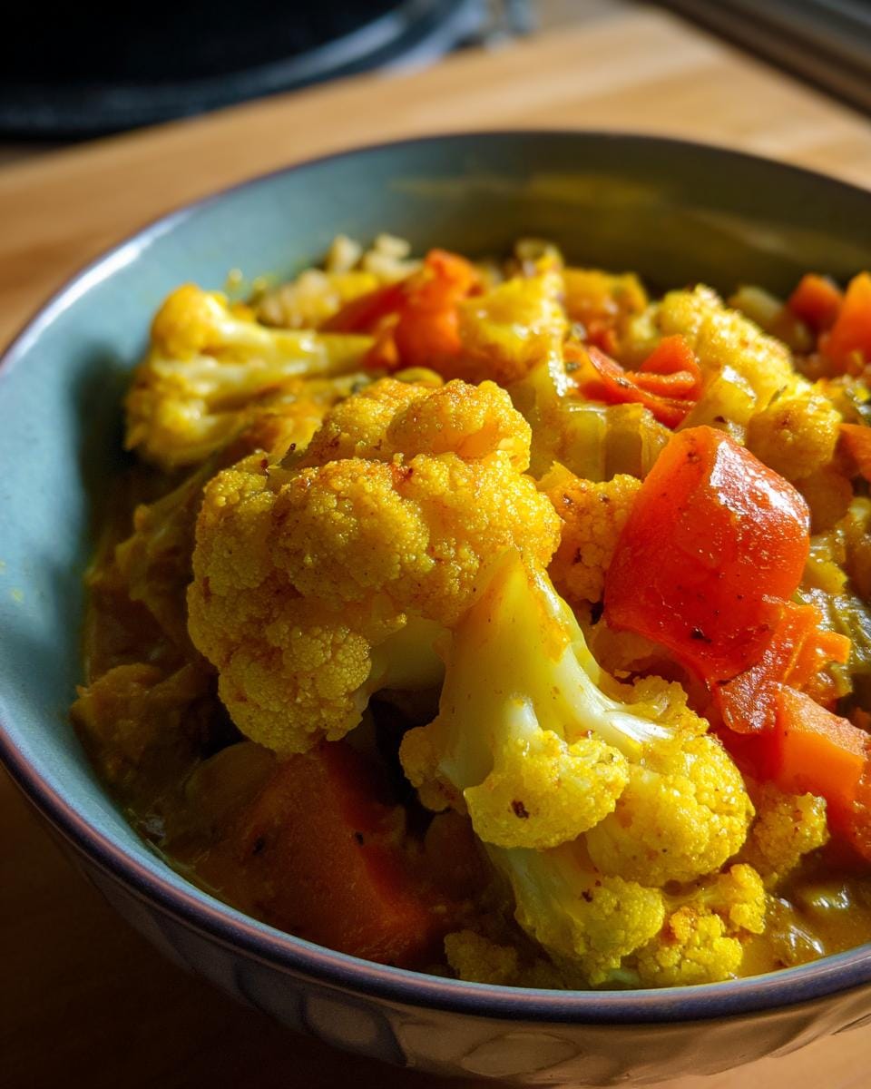 Close-up of Cremiger Blumenkohl-Curry aus dem Backofen rezept in a blue bowl, featuring cauliflower and carrots.