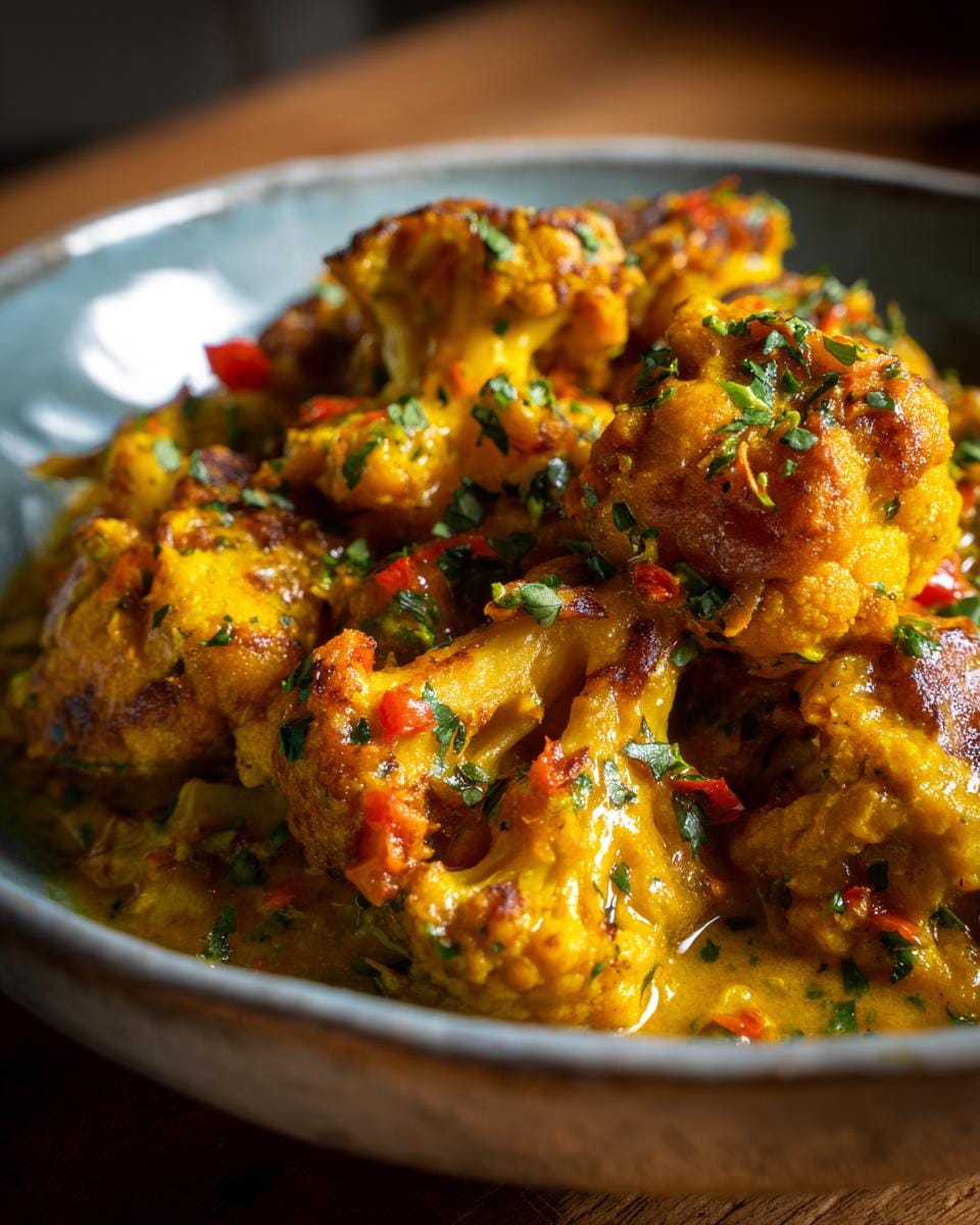Close-up of Cremiger Blumenkohl-Curry aus dem Backofen rezept in a bowl, garnished with herbs and red pepper.