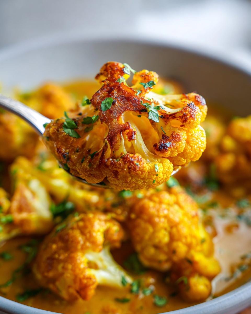 Close-up of Cremiger Blumenkohl-Curry aus dem Backofen rezept, served on a spoon with fresh herbs.
