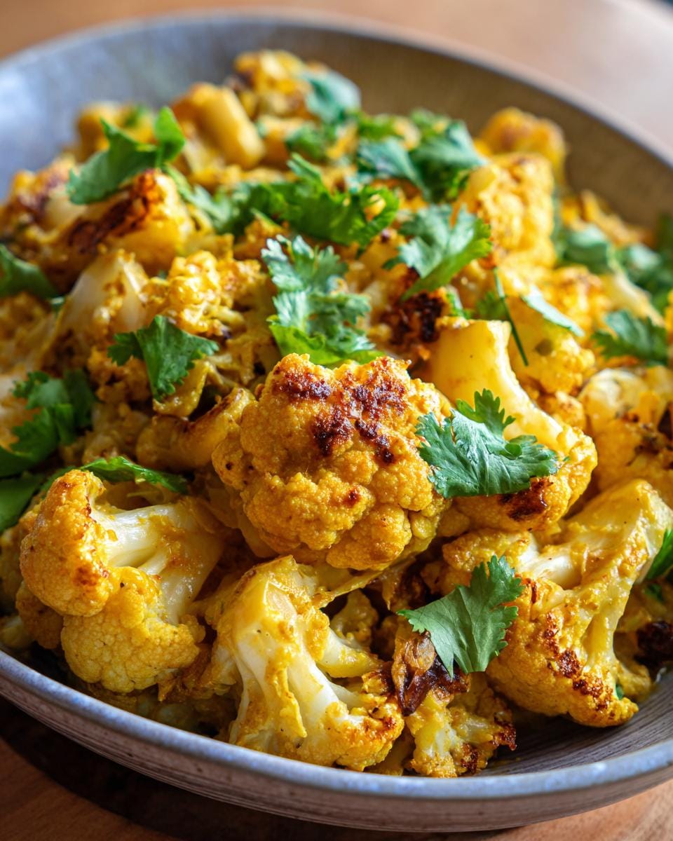 Close-up of Cremiger Blumenkohl-Curry aus dem Backofen, garnished with fresh cilantro.