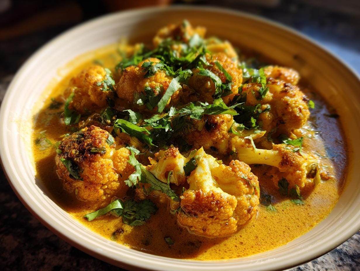 Creamy cauliflower curry from the oven, garnished with fresh cilantro. Cremiger Blumenkohl-Curry aus dem Backofen.
