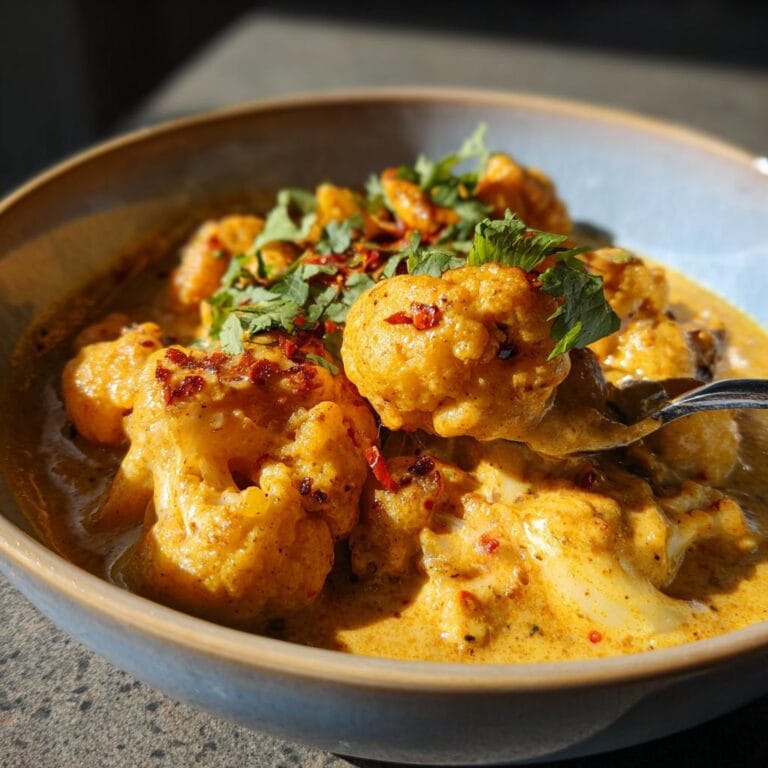 Close-up of Cremiger Blumenkohl-Curry aus dem Backofen in a bowl, garnished with cilantro and red pepper flakes.