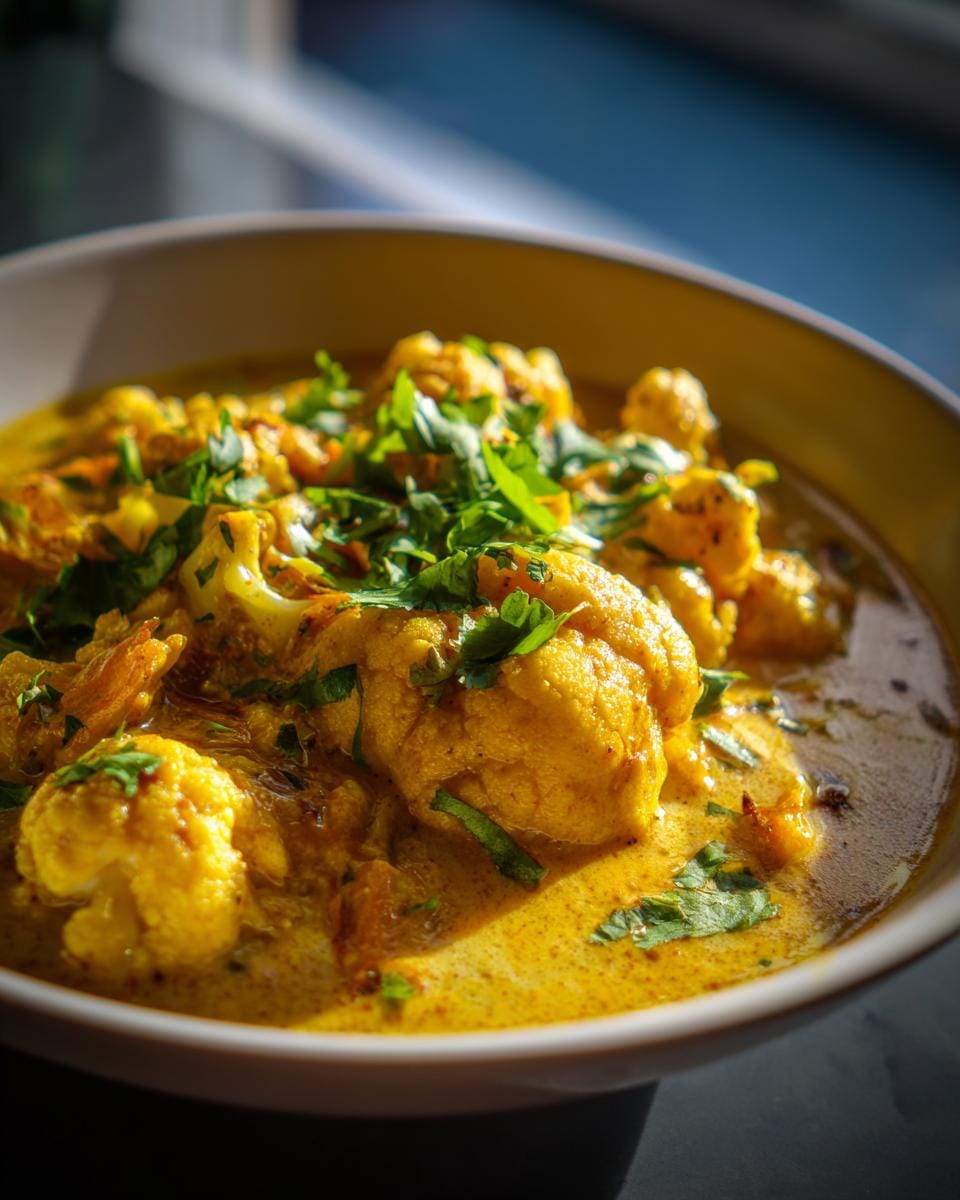 Close-up of Cremiger Blumenkohl-Curry aus dem Backofen, garnished with fresh parsley in a bowl.