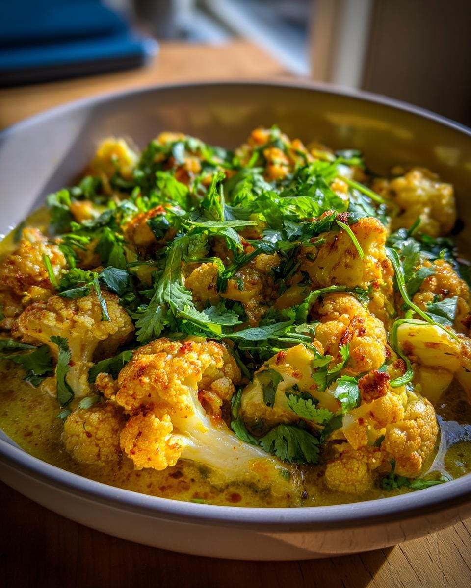 Bowl of Cremiger Blumenkohl-Curry aus dem Backofen, garnished with fresh cilantro.
