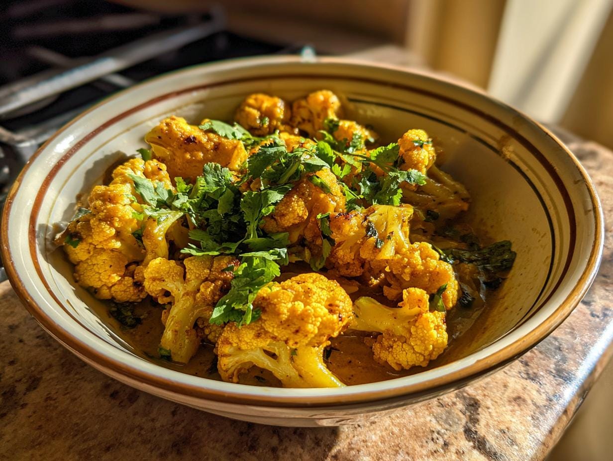 Bowl of Cremiger Blumenkohl-Curry aus dem Backofen, garnished with fresh cilantro.