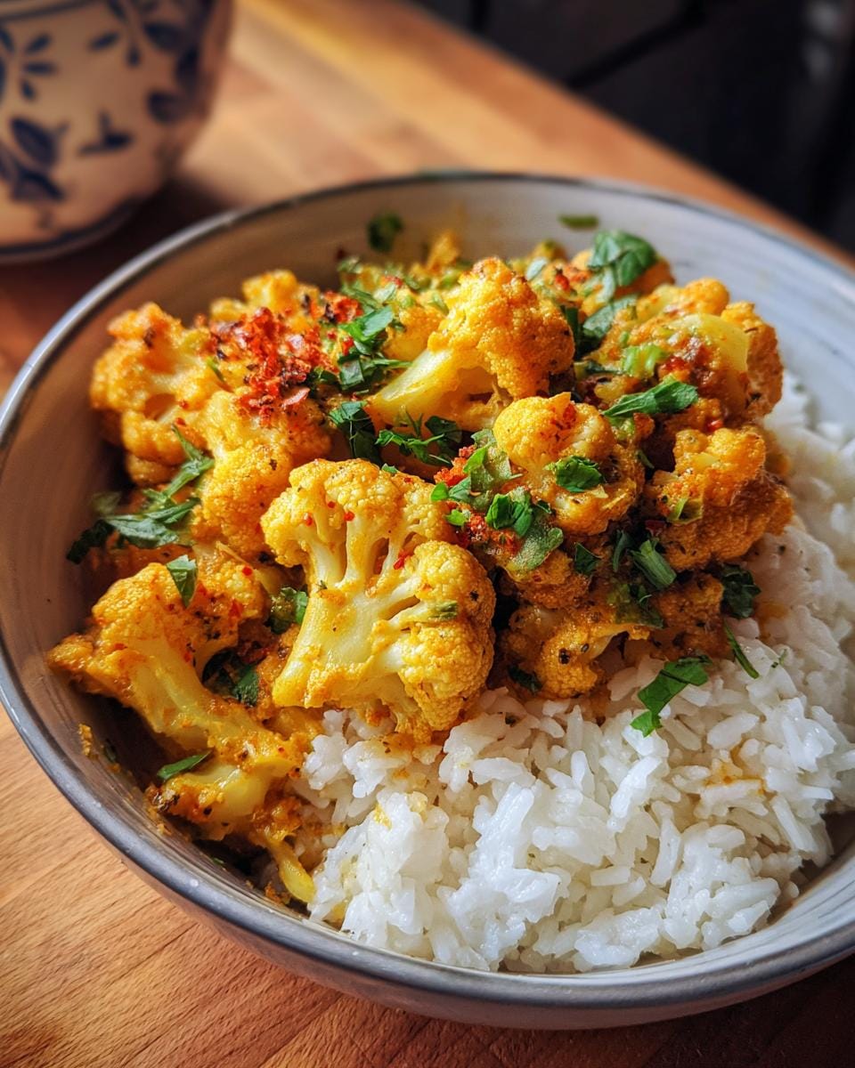 Bowl of Cremiger Blumenkohl-Curry aus dem Backofen rezept served over white rice, garnished with herbs and spices.