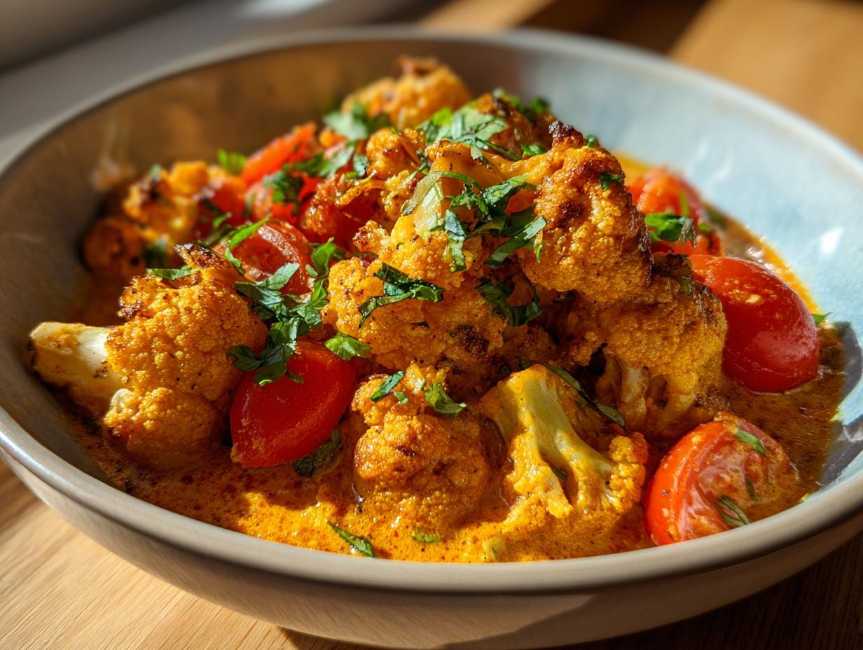 Bowl of Cremiger Blumenkohl-Curry aus dem Backofen rezept with cauliflower, tomatoes, and fresh herbs.