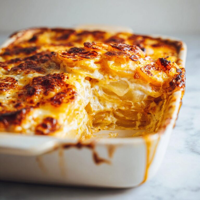 Close-up of Cremiger Kürbis-Kartoffel-Auflauf in a baking dish, showing layers of potatoes and creamy sauce.