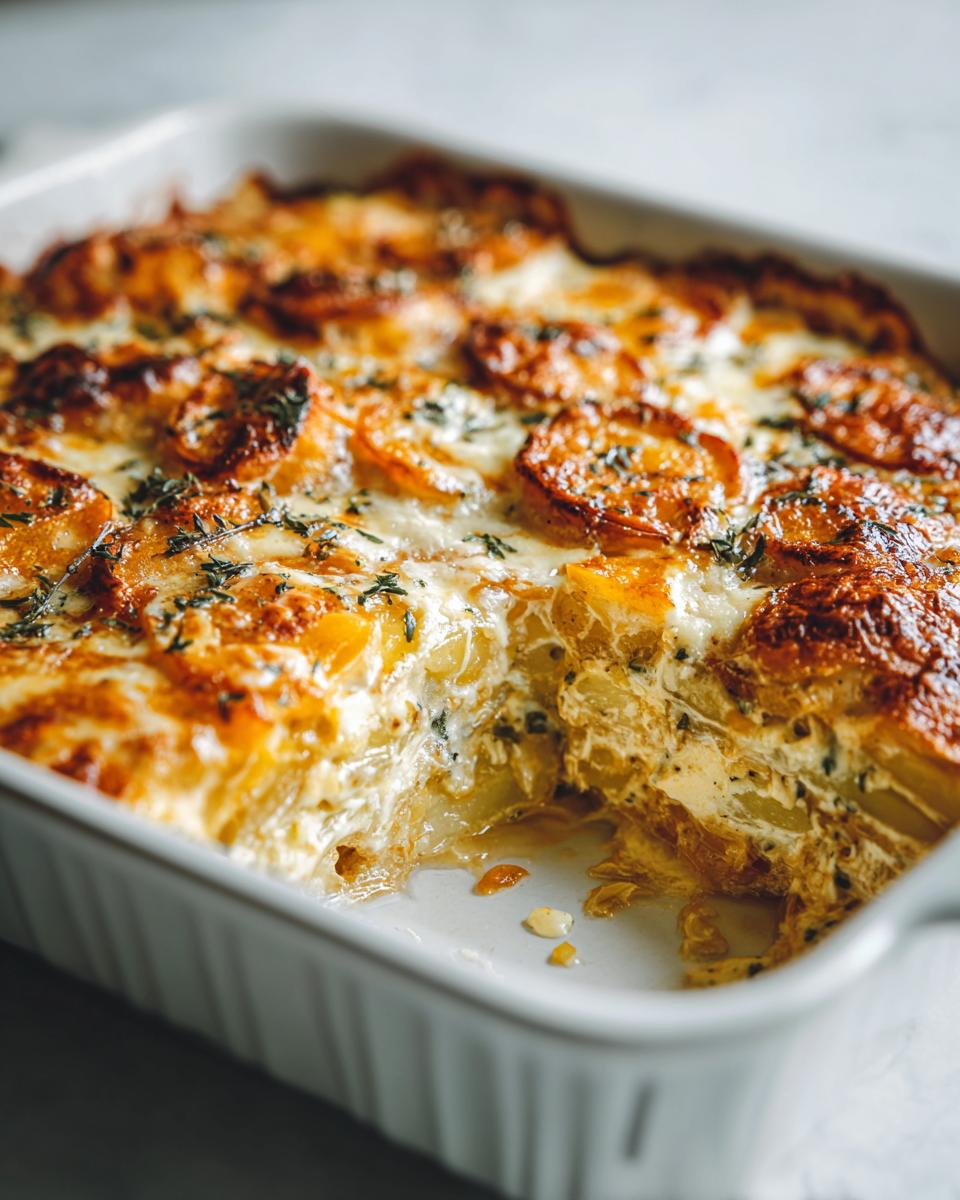Baked Cremiger Kürbis-Kartoffel-Auflauf in a white baking dish, showing the creamy texture and golden-brown top.