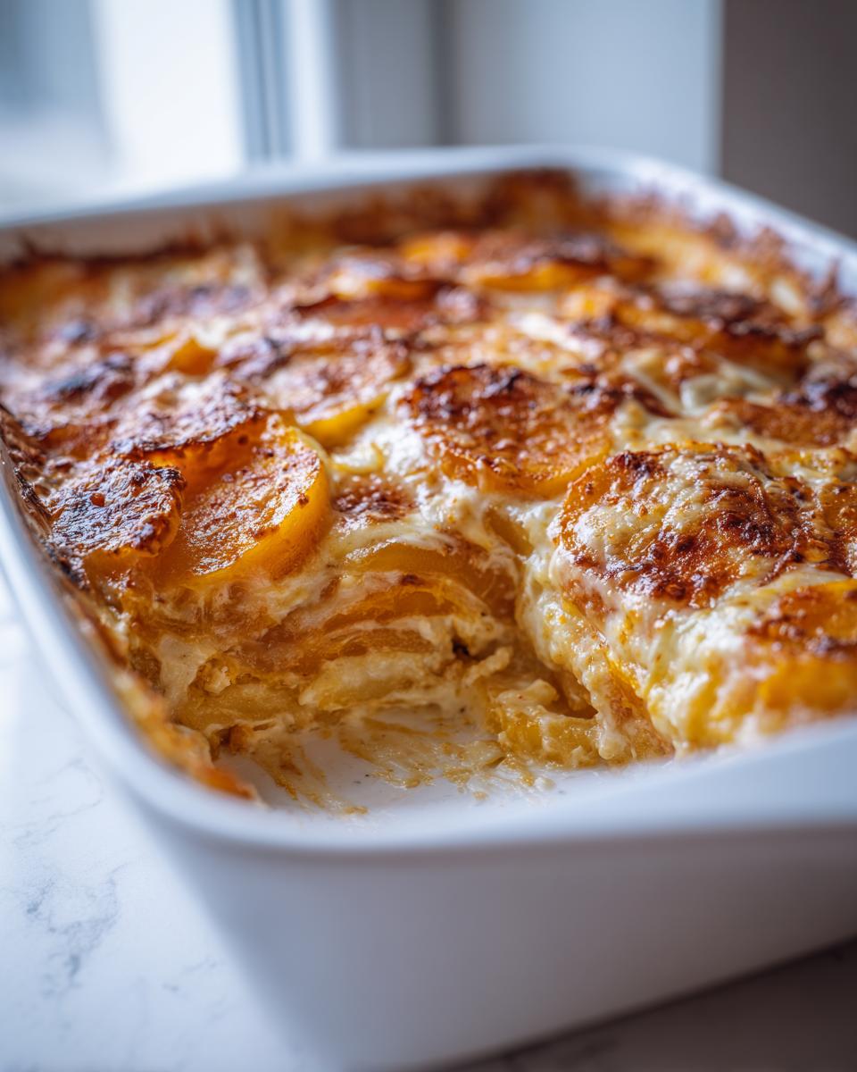 Close-up of Cremiger Kürbis-Kartoffel-Auflauf in a white baking dish, showing layers of pumpkin and potato.
