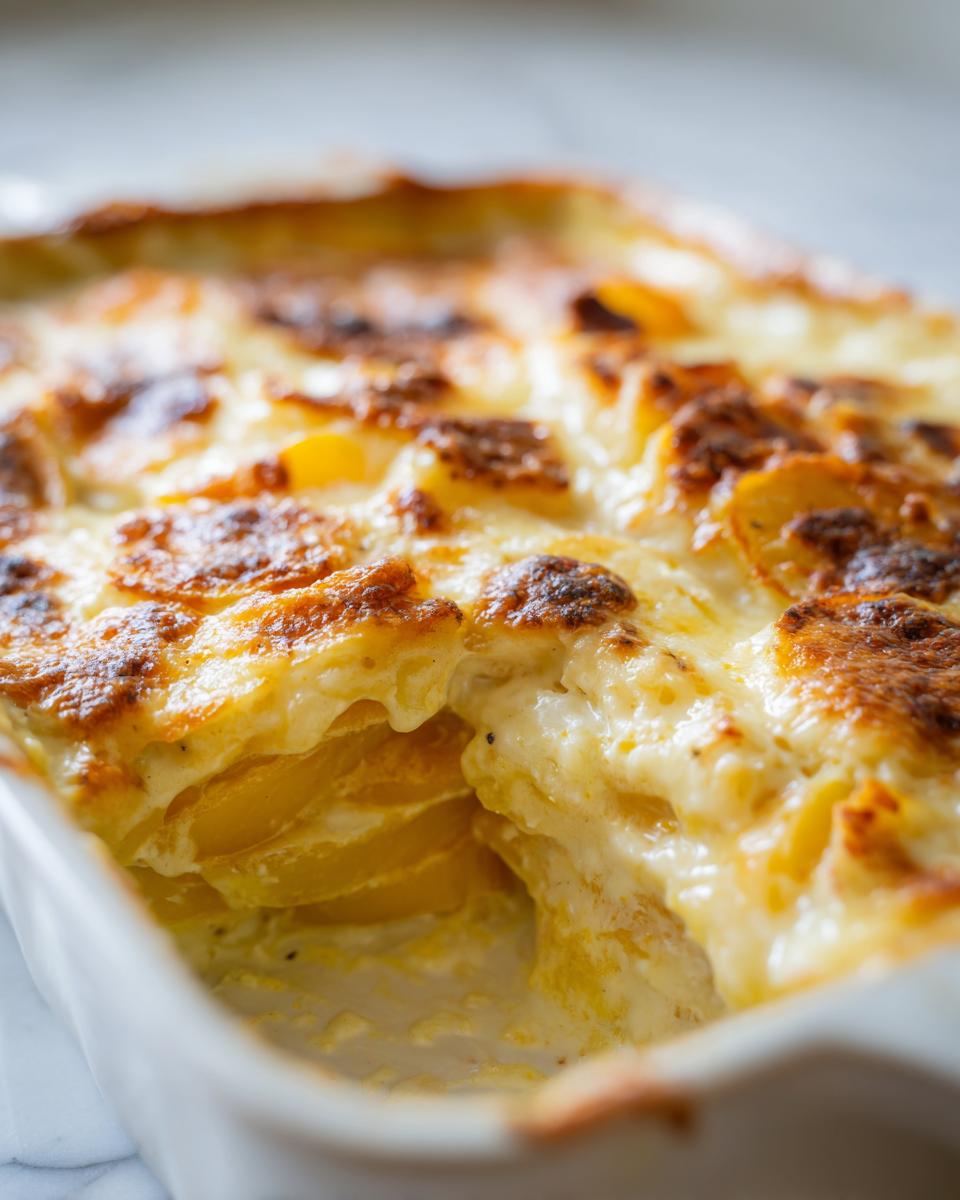 Close-up of Cremiger Kürbis-Kartoffel-Auflauf in a white baking dish, showing layers of potatoes and creamy sauce.