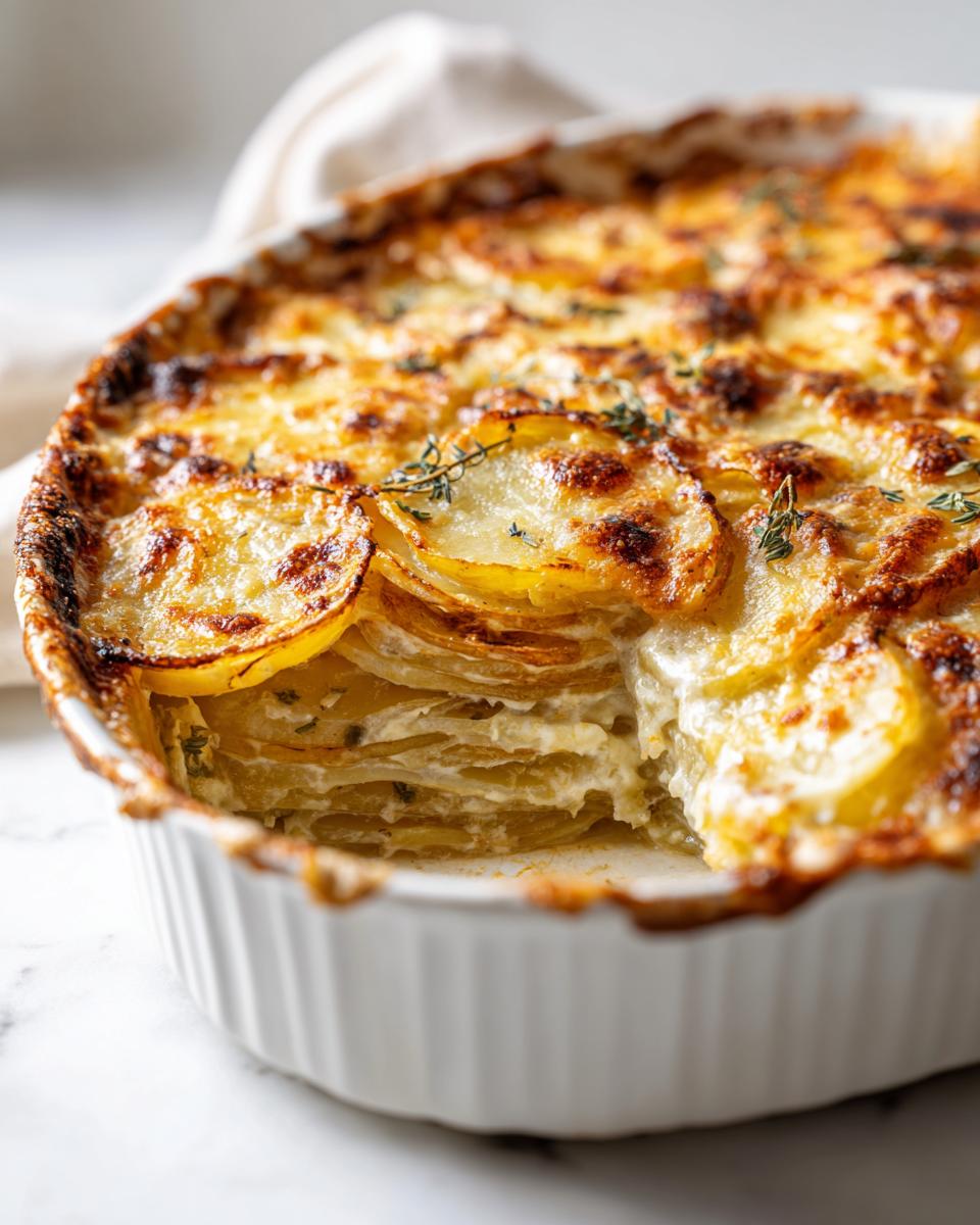 Baked Cremiger Kürbis-Kartoffel-Auflauf in a white casserole dish, garnished with thyme.