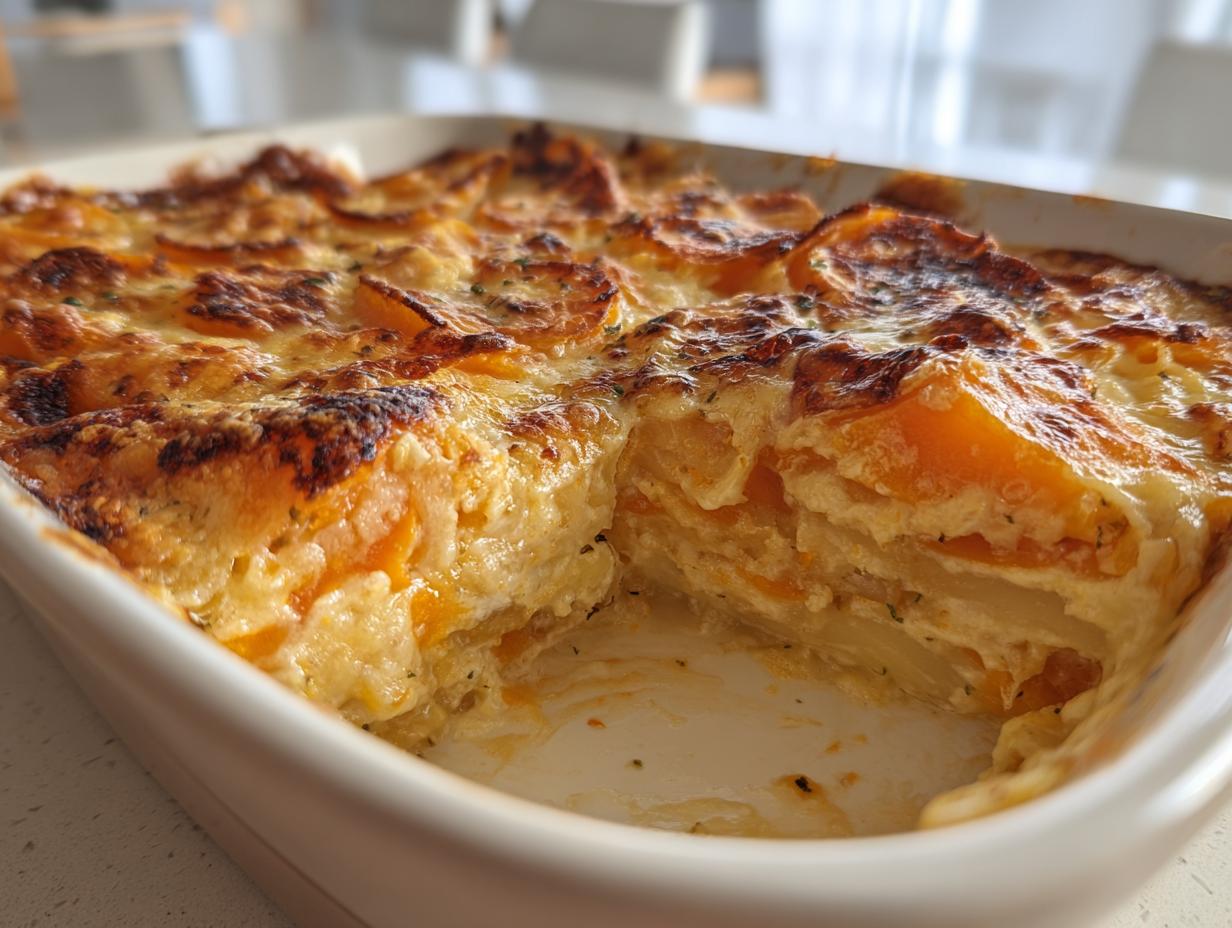 Close-up of Cremiger Kürbis-Kartoffel-Auflauf in a white baking dish, showing layers of pumpkin and potato.