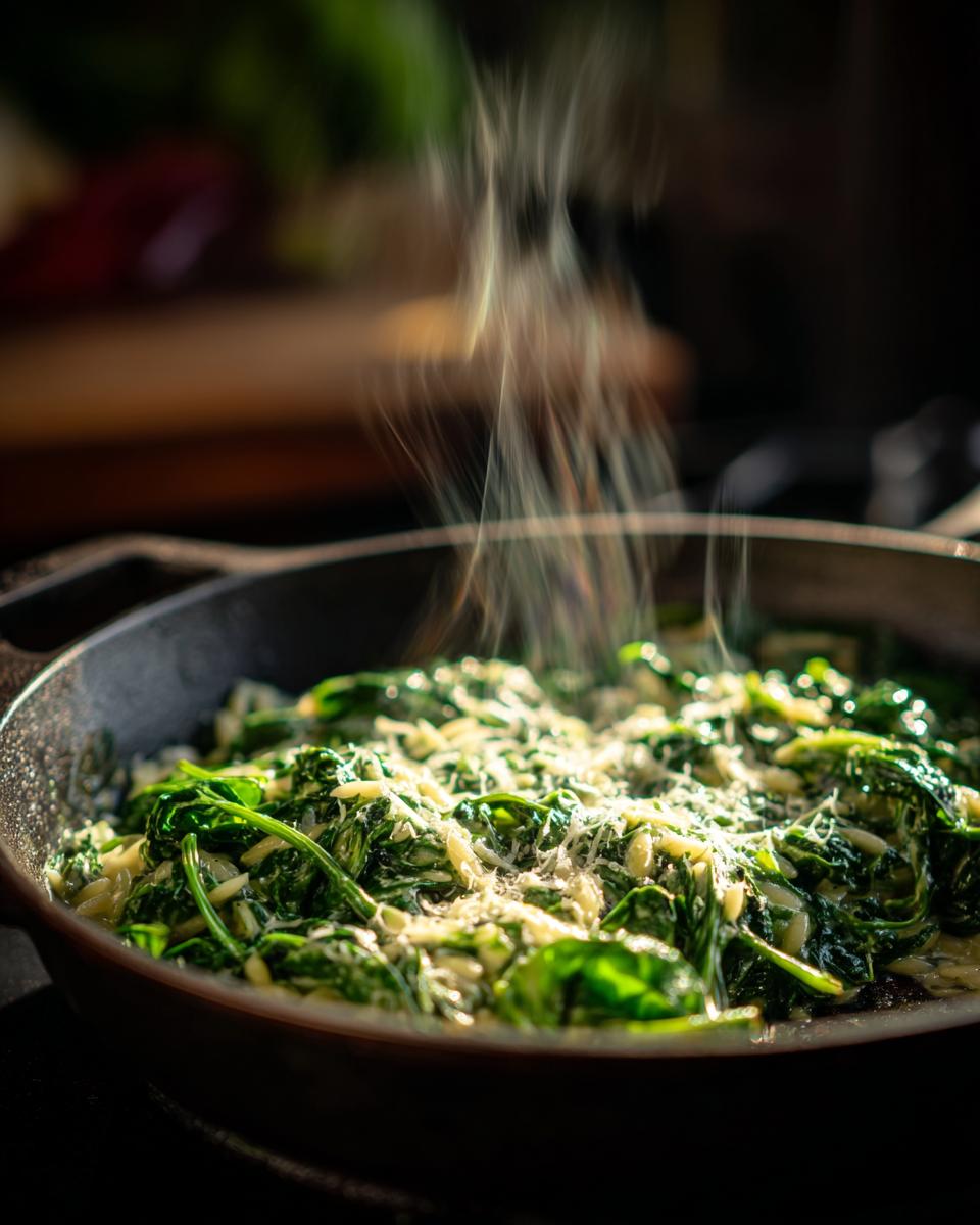 Dampfendes Cremiges Orzotto mit Babyspinat wird in einer Pfanne mit Käse bestreut.