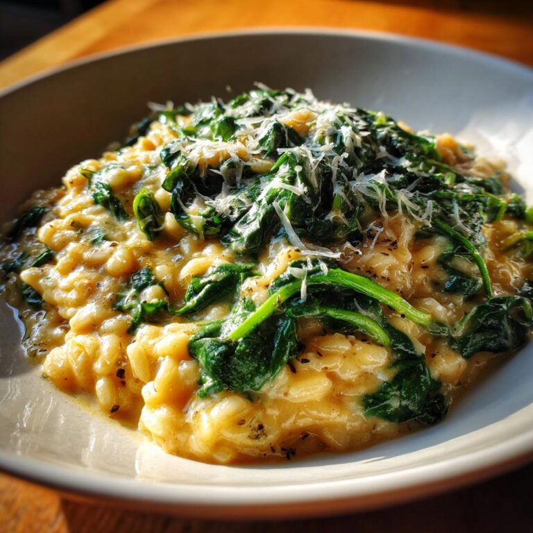 Close-up of Cremiges Orzotto mit Babyspinat, garnished with cheese, served in a bowl.