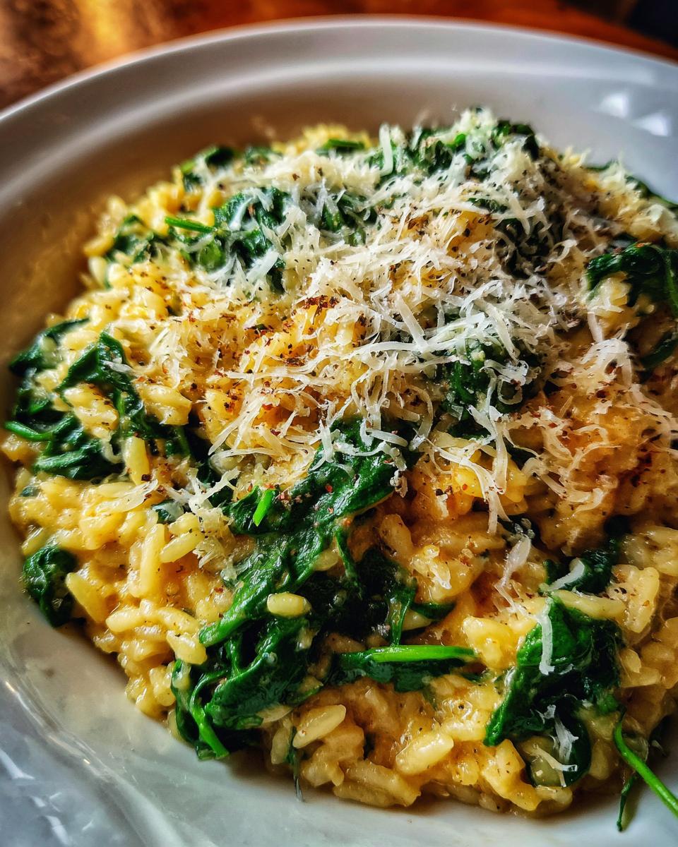 Close-up of Cremiges Orzotto mit Babyspinat, topped with grated cheese and spices in a white bowl.