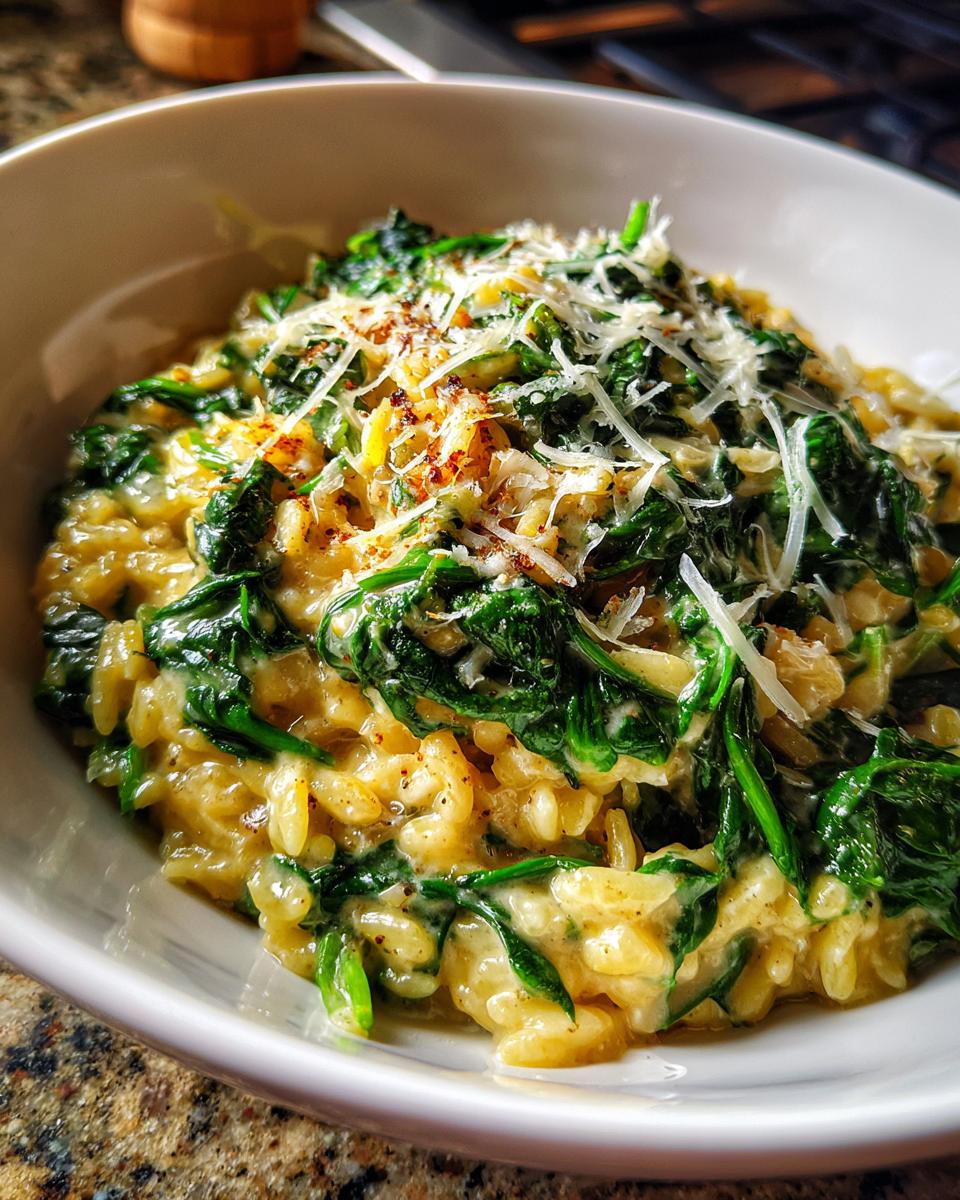 Close-up of Cremiges Orzotto mit Babyspinat in a white bowl, topped with cheese and spices.