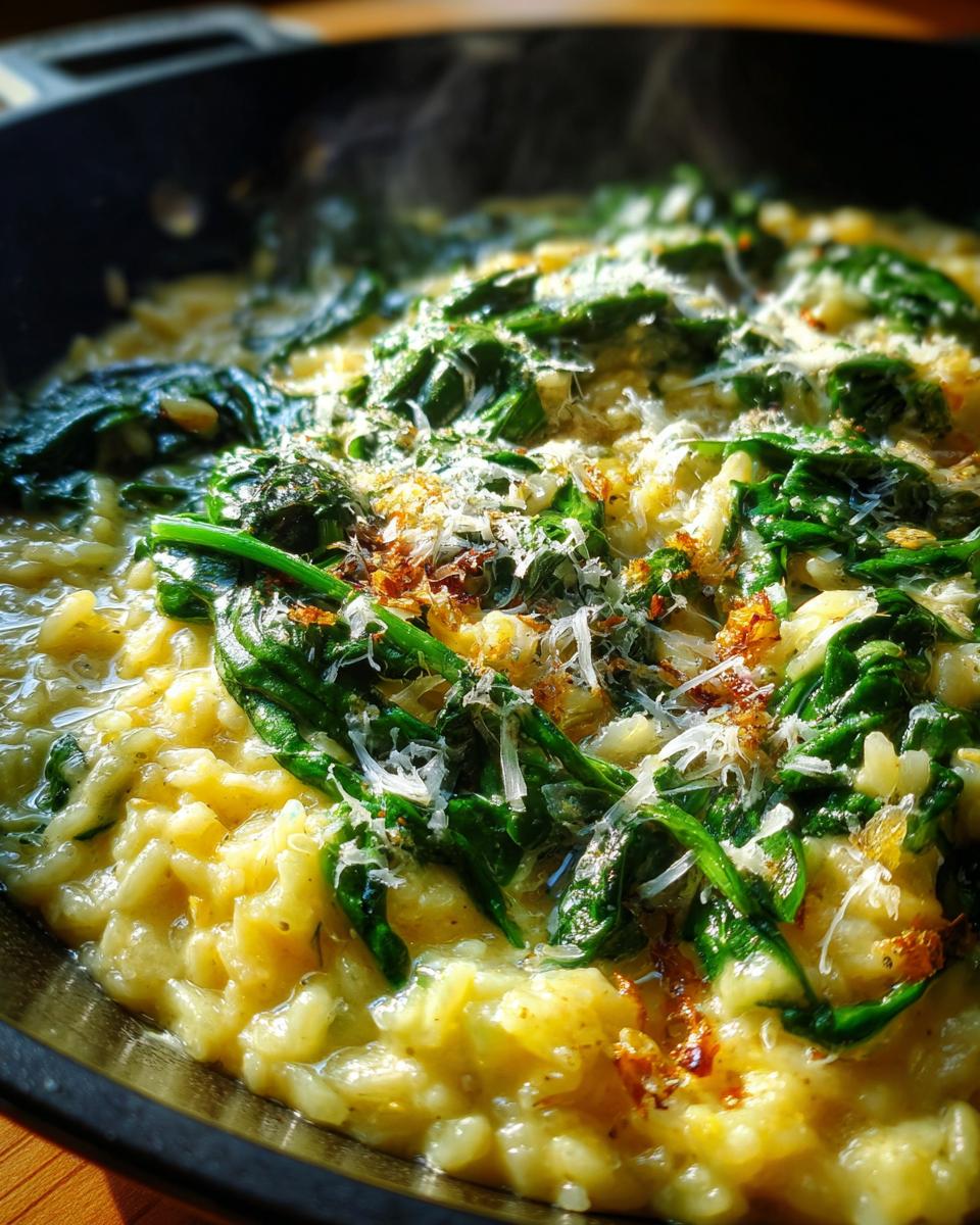 Close-up of Cremiges Orzotto mit Babyspinat in a pan, topped with fresh spinach and grated cheese.