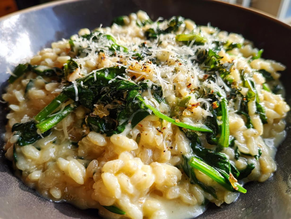 Close-up of Cremiges Orzotto mit Babyspinat, featuring creamy orzotto rice and fresh baby spinach, topped with cheese.