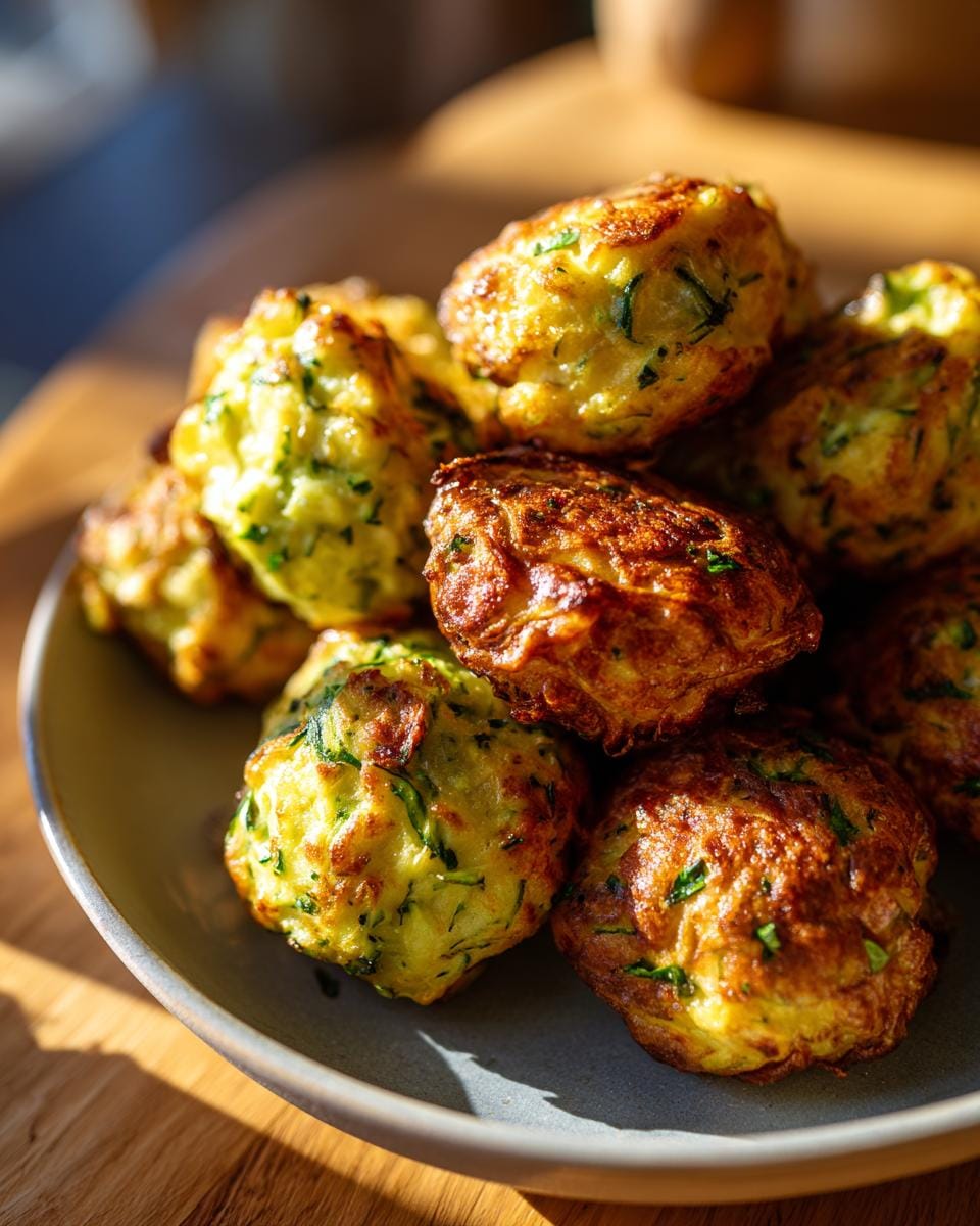 A pile of golden brown Crispy Zucchini Feta Balls on a gray plate, ready to be enjoyed.