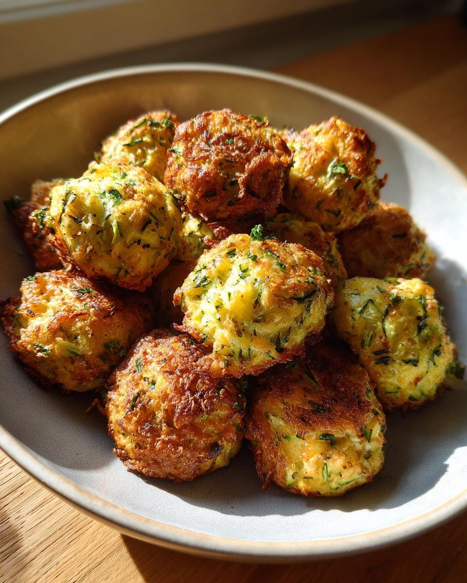A bowl filled with golden brown Crispy Zucchini Feta Balls, garnished with fresh herbs.