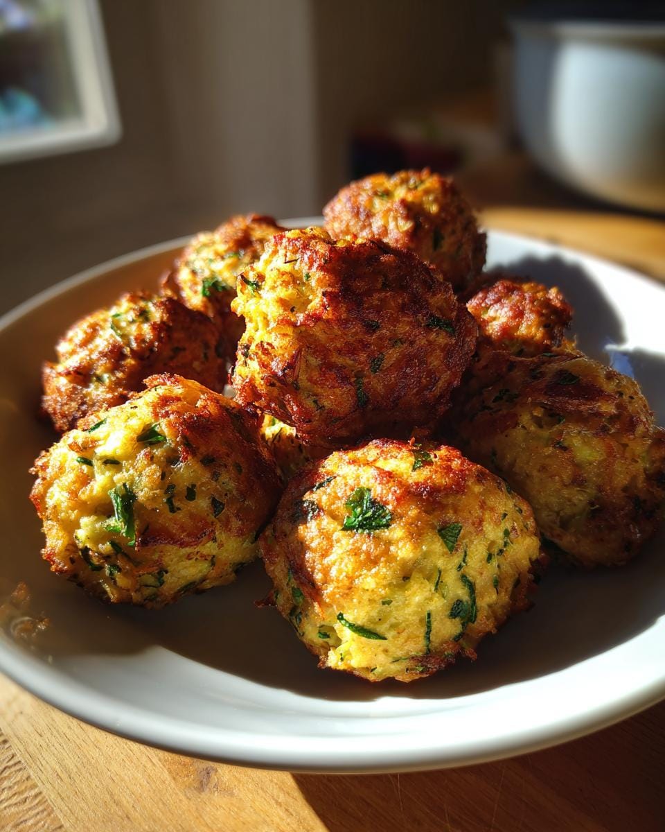 A plate of golden brown Crispy Zucchini Feta Balls, showcasing their texture and fresh herbs.