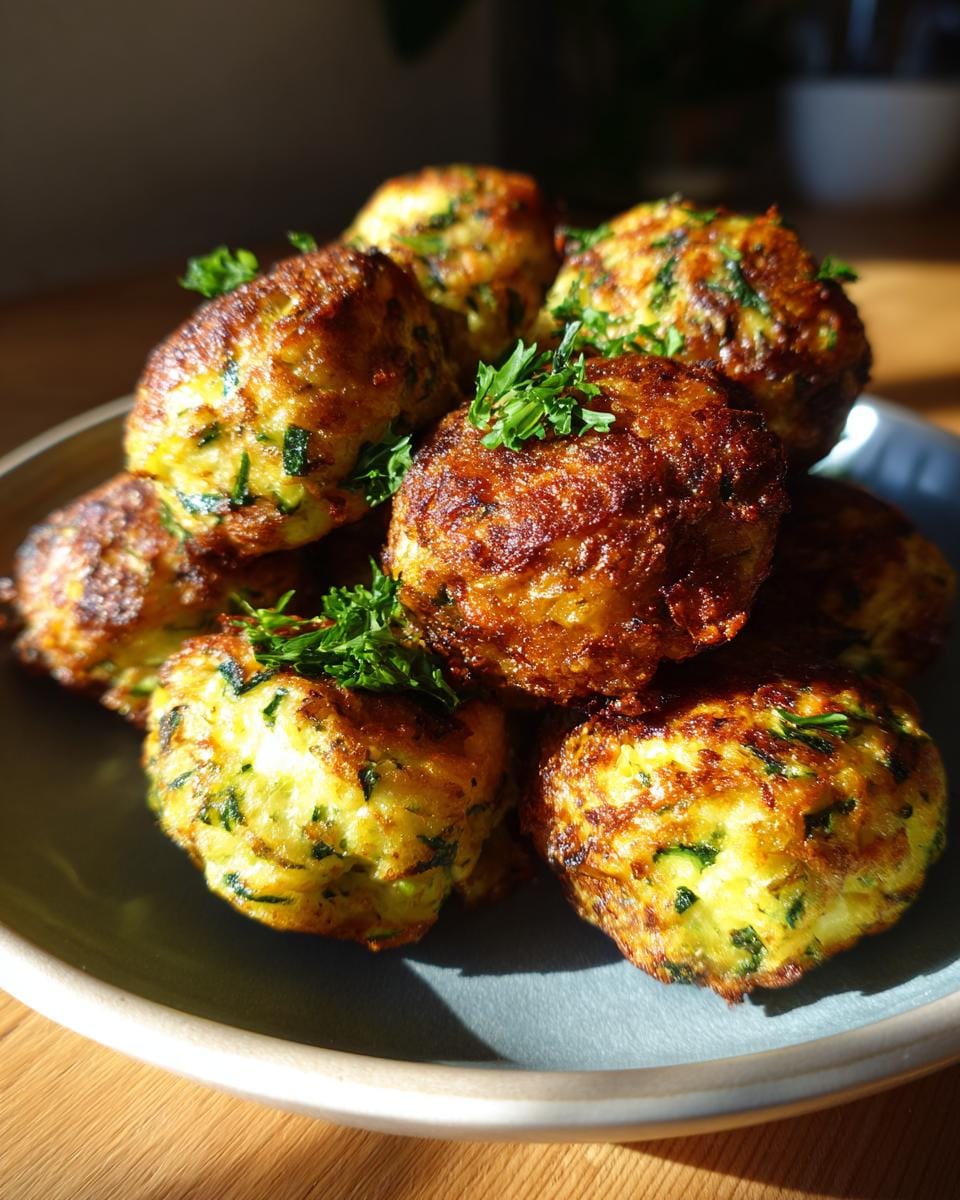 A stack of golden Crispy Zucchini Feta Balls garnished with fresh parsley on a plate.