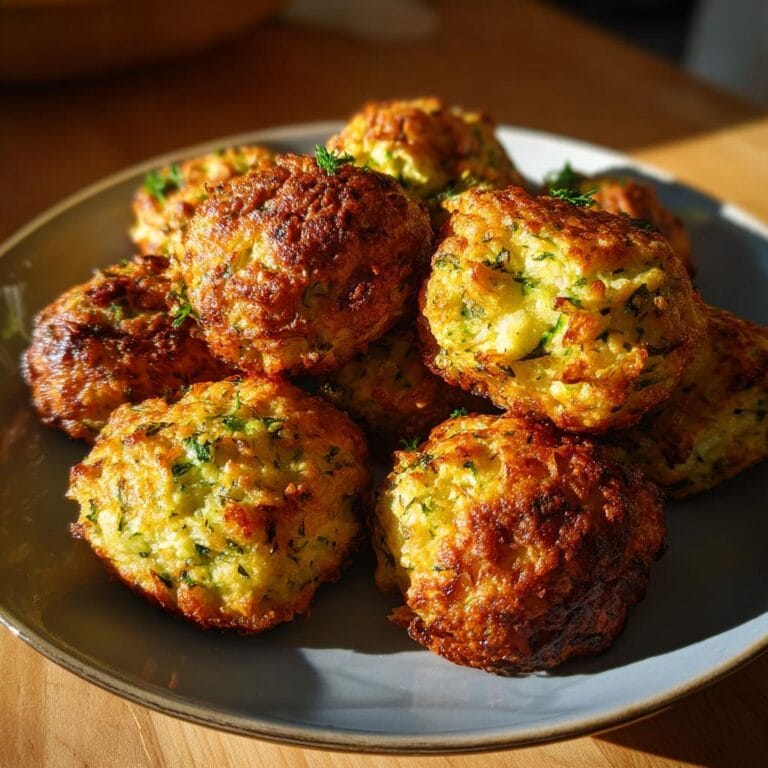 A plate of golden brown Crispy Zucchini Feta Balls, garnished with fresh herbs.