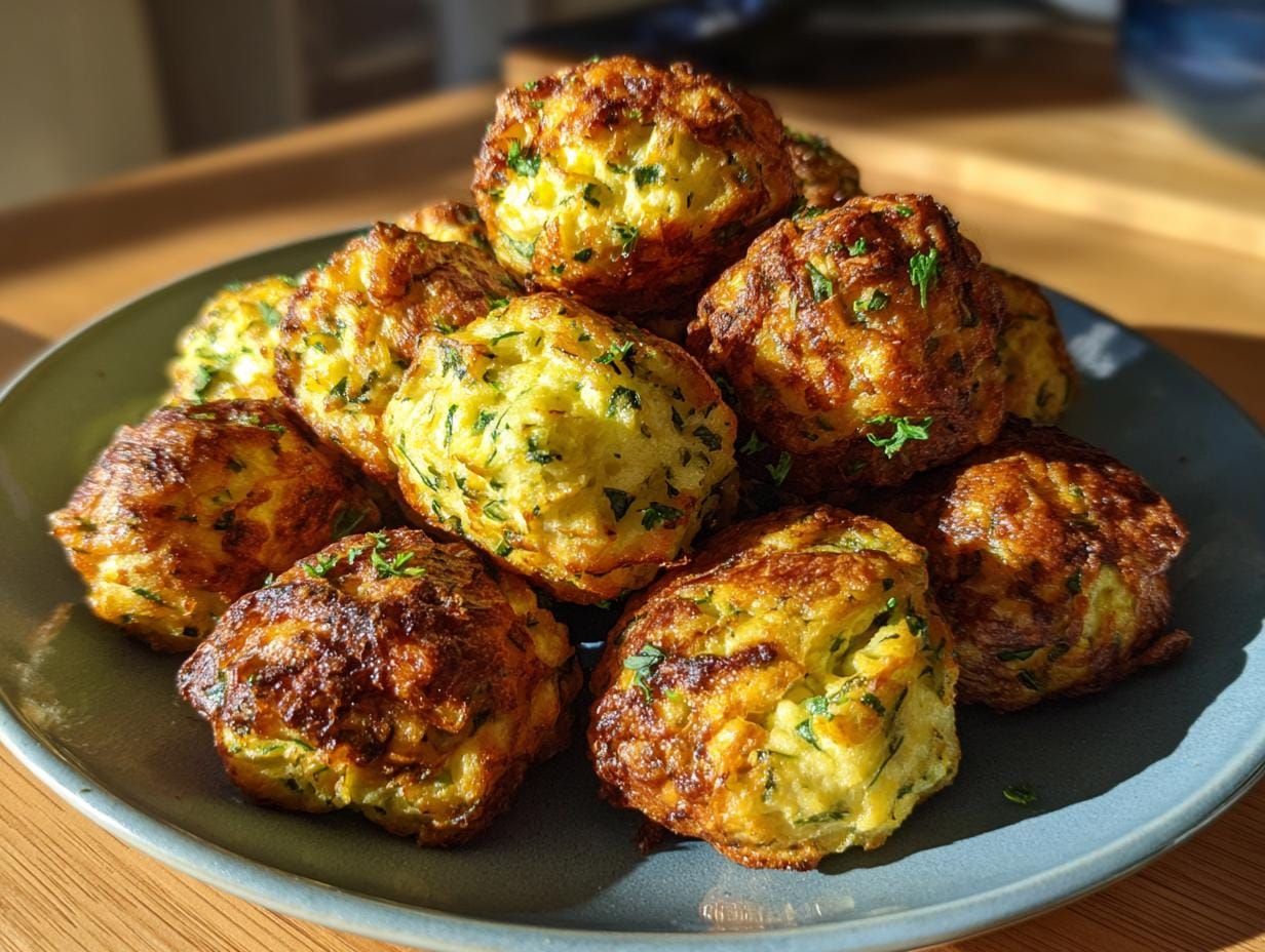 Pile of golden Crispy Zucchini Feta Balls on a blue plate, garnished with fresh herbs.