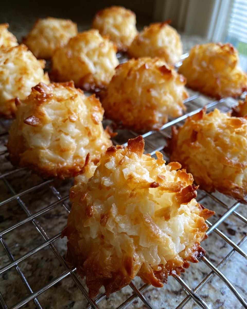 Close-up of golden brown Das Beste Rezept für Kokosmakronen cooling on a wire rack.