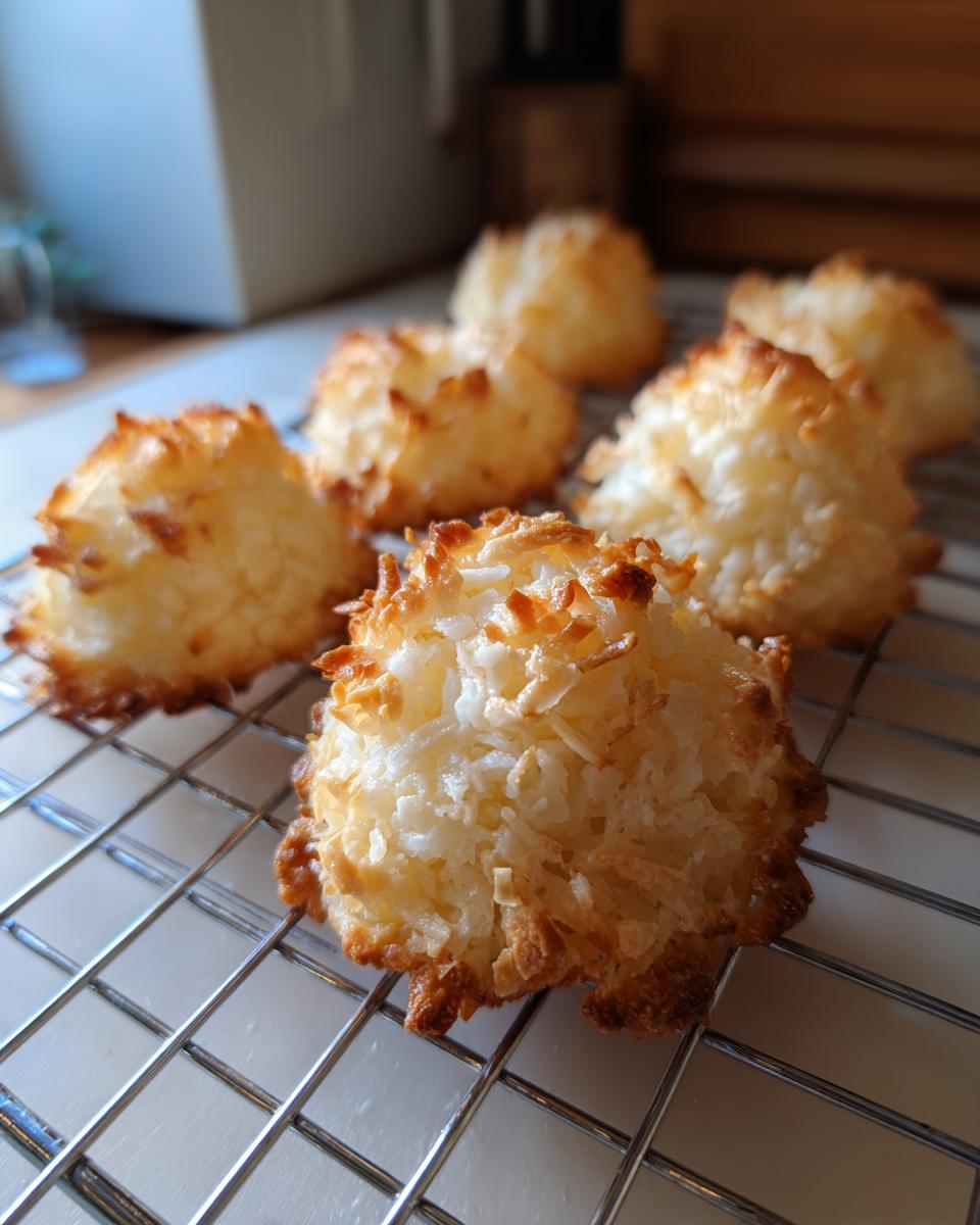 Several freshly baked Das Beste Rezept für Kokosmakronen cooling on a wire rack, showing their golden-brown edges.