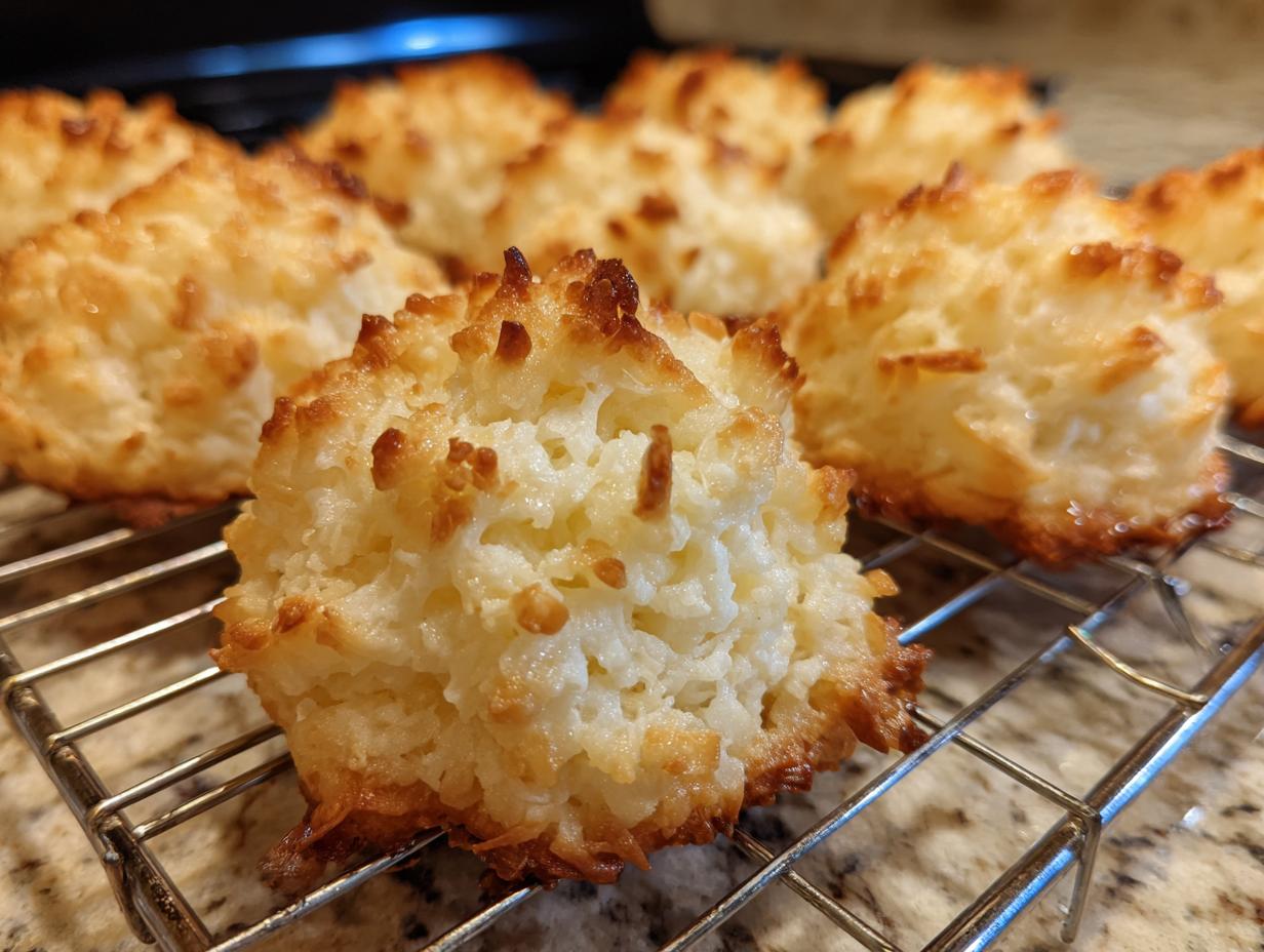 Close-up of golden brown Das Beste Rezept für Kokosmakronen cooling on a wire rack.