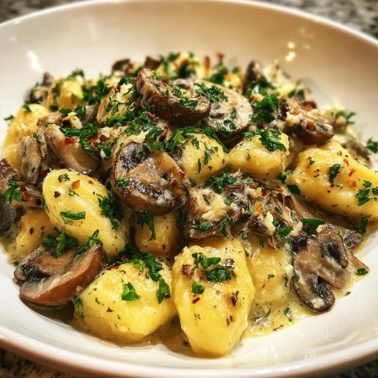 Close-up of Deftige Gnocchi-Pilzpfanne mit Champignons, garnished with fresh parsley and spices.