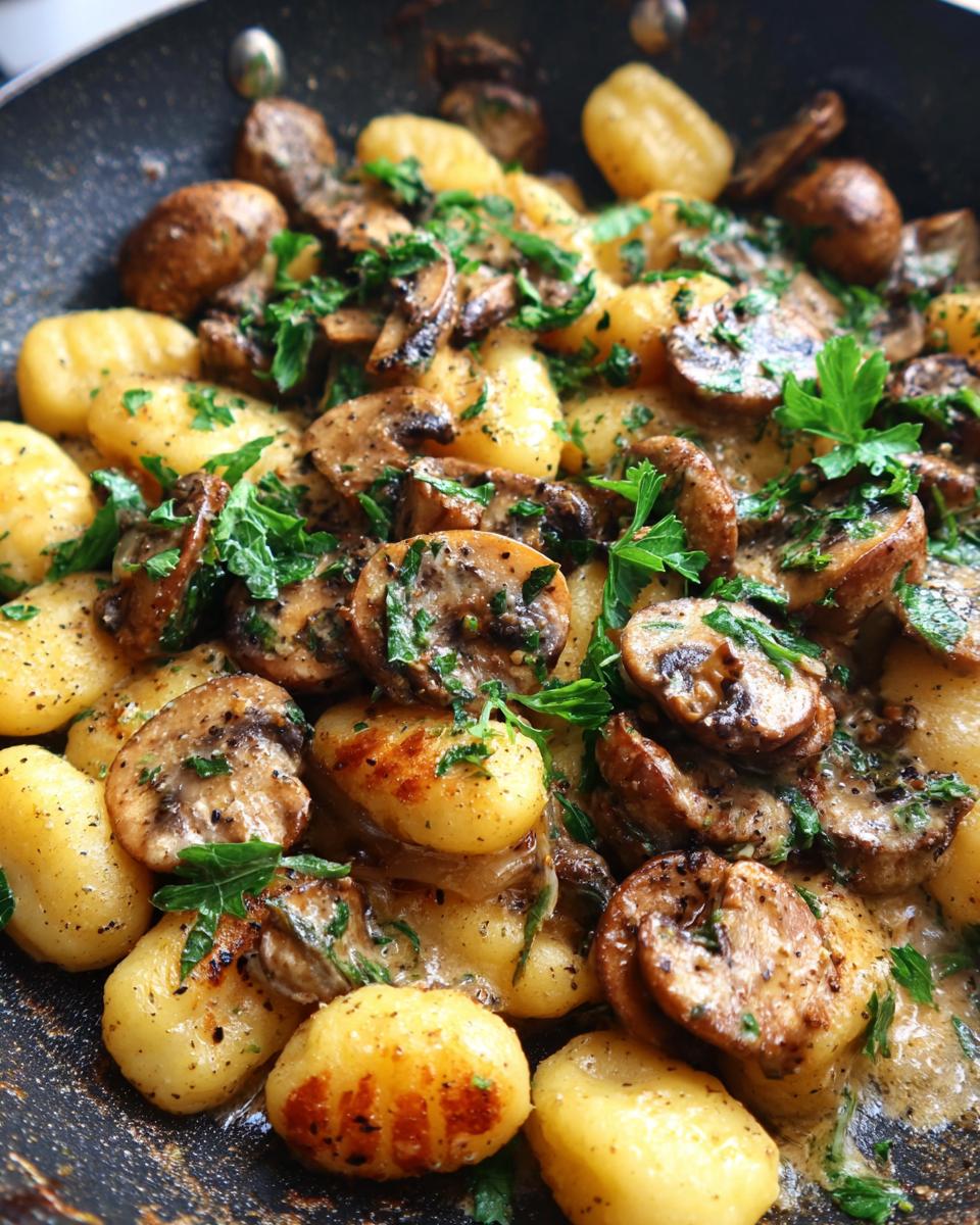 Close-up of Deftige Gnocchi-Pilzpfanne mit Champignons, showing gnocchi, mushrooms, and parsley in a pan.