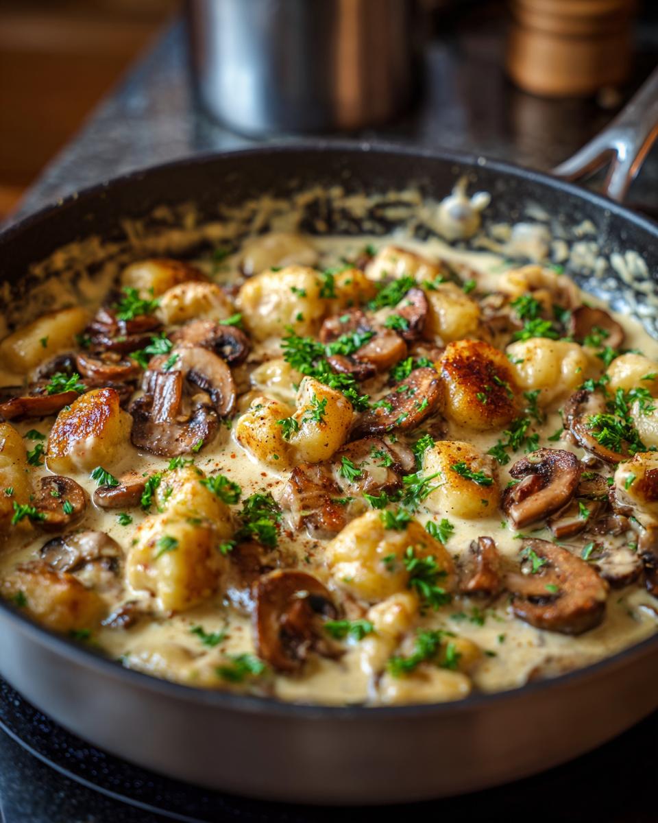 Nahaufnahme einer Deftigen Gnocchi-Pilzpfanne mit Champignons, serviert in einer Pfanne und mit Petersilie garniert.