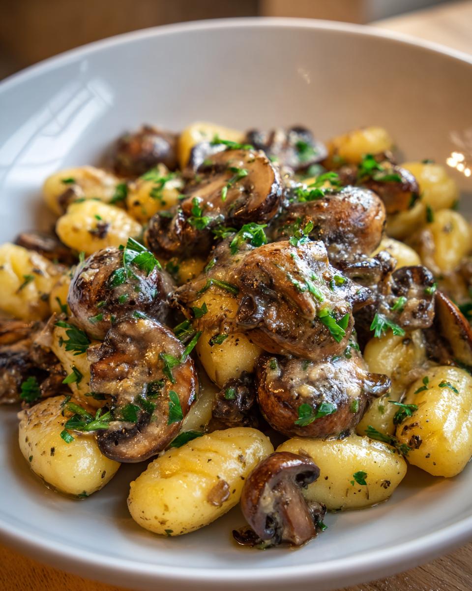 Close-up of Deftige Gnocchi-Pilzpfanne mit Champignons, garnished with fresh parsley in a bowl.