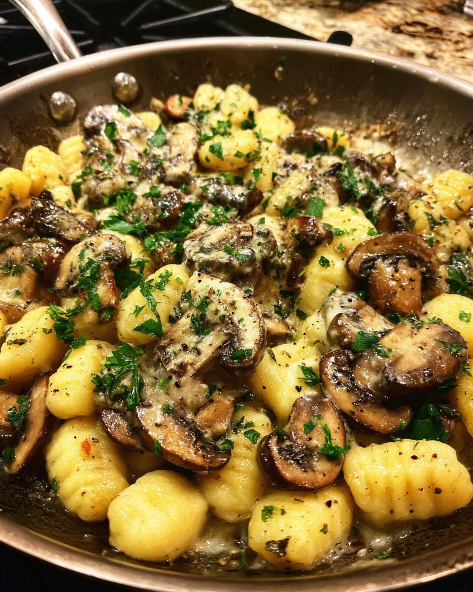 Deftige Gnocchi-Pilzpfanne mit Champignons, Petersilie in einer Pfanne.