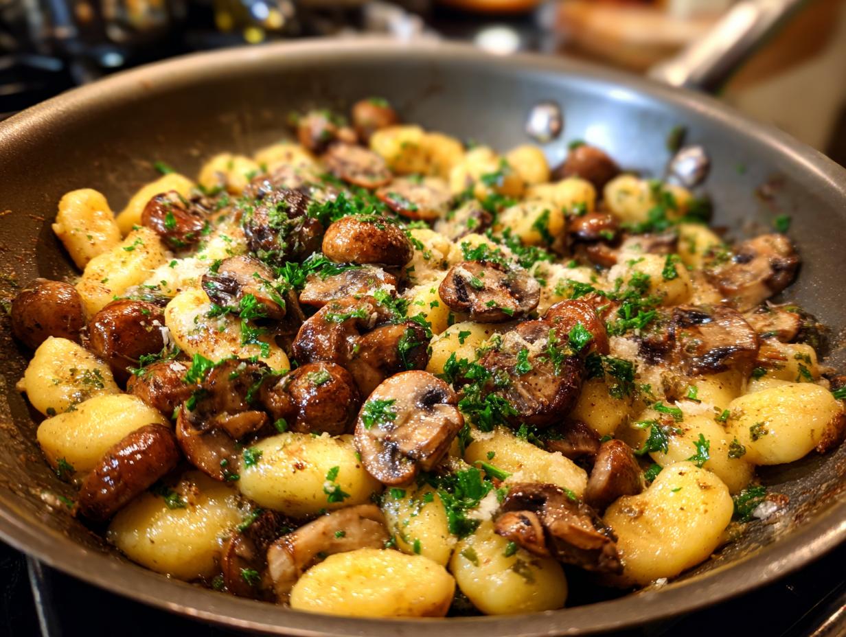 Close-up of Deftige Gnocchi-Pilzpfanne mit Champignons in a pan, garnished with parsley and cheese.