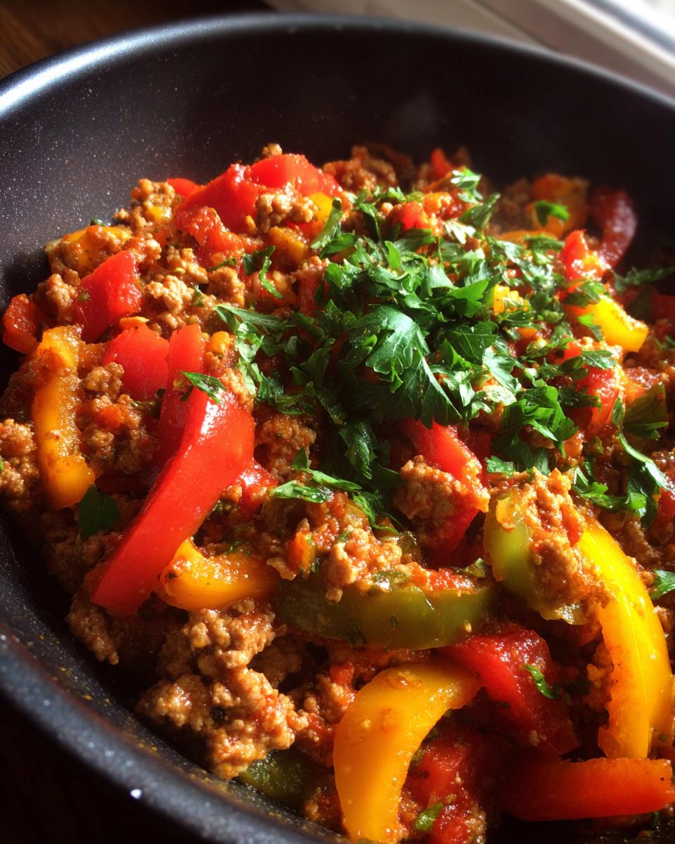 Close-up of Deftiger Küchenzauber-Topf featuring ground meat, colorful bell peppers, and fresh parsley in a pan.