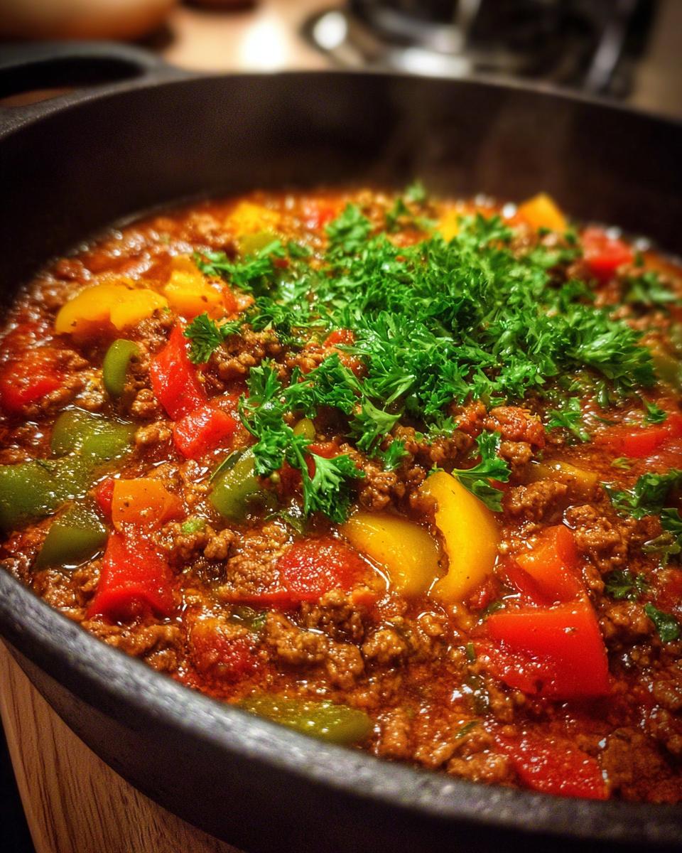 Close-up of Deftiger Küchenzauber-Topf, a hearty German dish with ground meat, peppers, and fresh parsley.