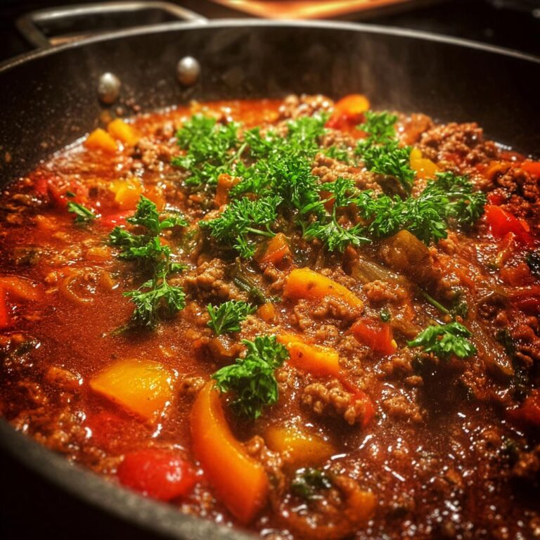 Close-up of Deftiger Küchenzauber-Topf, a German dish with ground meat, peppers, and parsley in a pan.