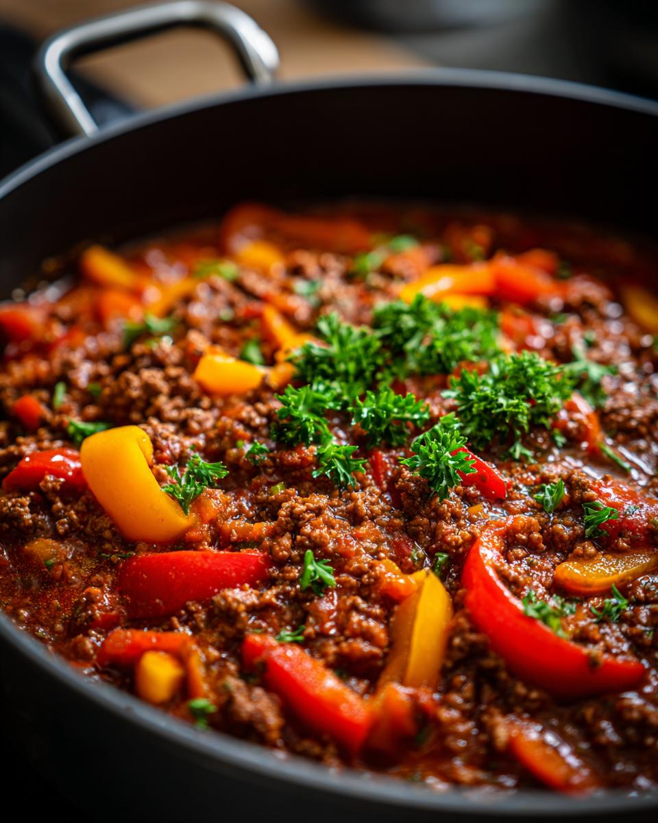 Close-up of Deftiger Küchenzauber-Topf, a savory dish with ground meat, peppers, and fresh parsley.