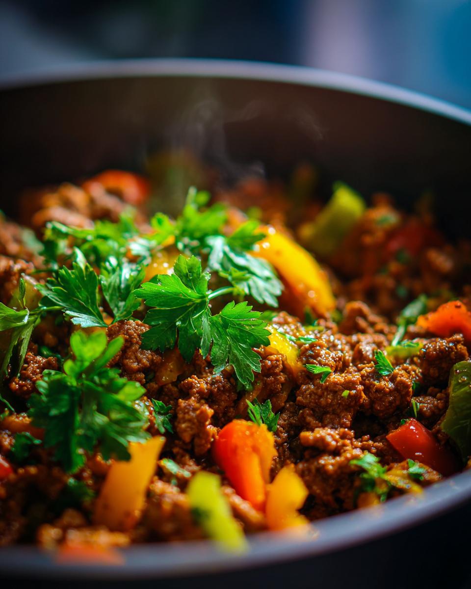 Close-up of Deftiger Küchenzauber-Topf, a hearty dish with ground meat, peppers, and fresh parsley.