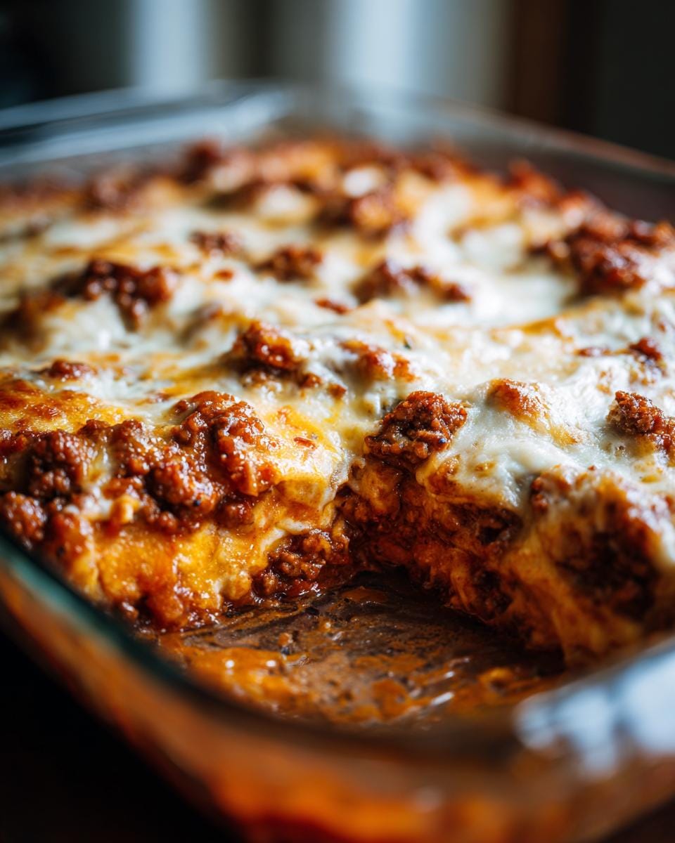 Close-up of Der beste Friss-dich-dumm casserole in a glass baking dish, showing layers and cheesy topping.