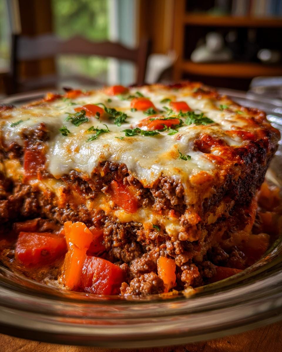 Close-up of a slice of Der beste Friss-dich-dumm casserole with meat, carrots, and melted cheese.